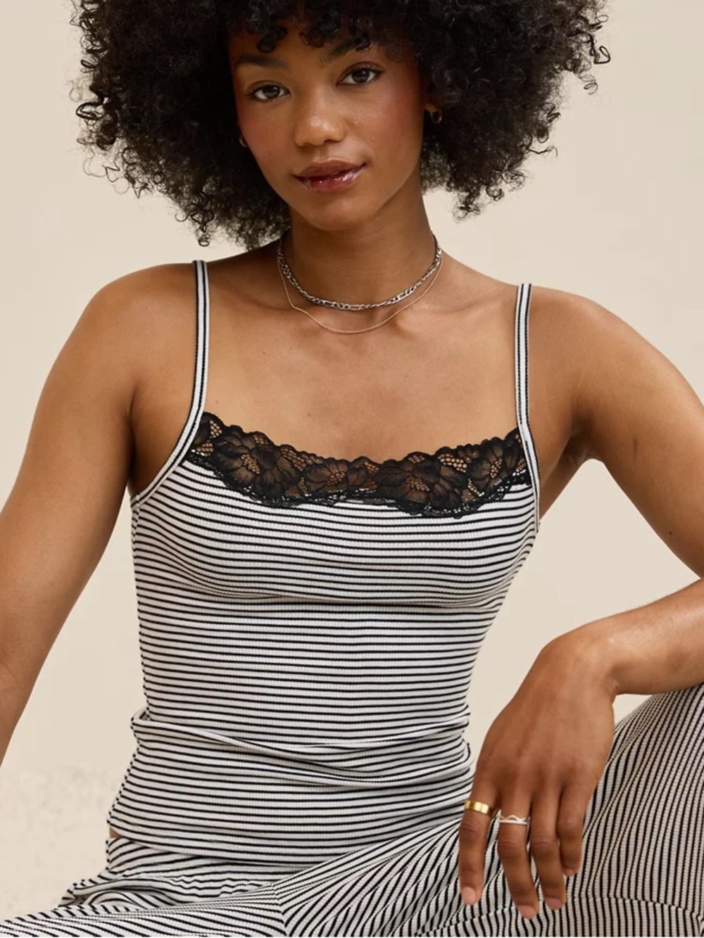 NWT Aerie Black & White Striped Lace-Trim Cami Tank Top and Pants Pajamas Large